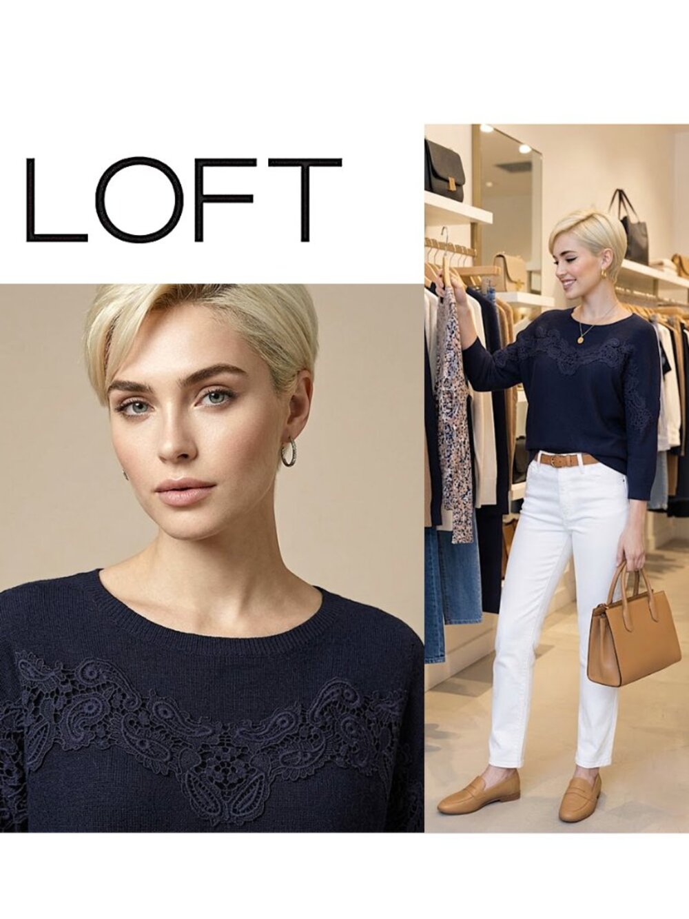 (3 for $30) LOFT - Navy cotton/wool blend sweater with embroidery detailing